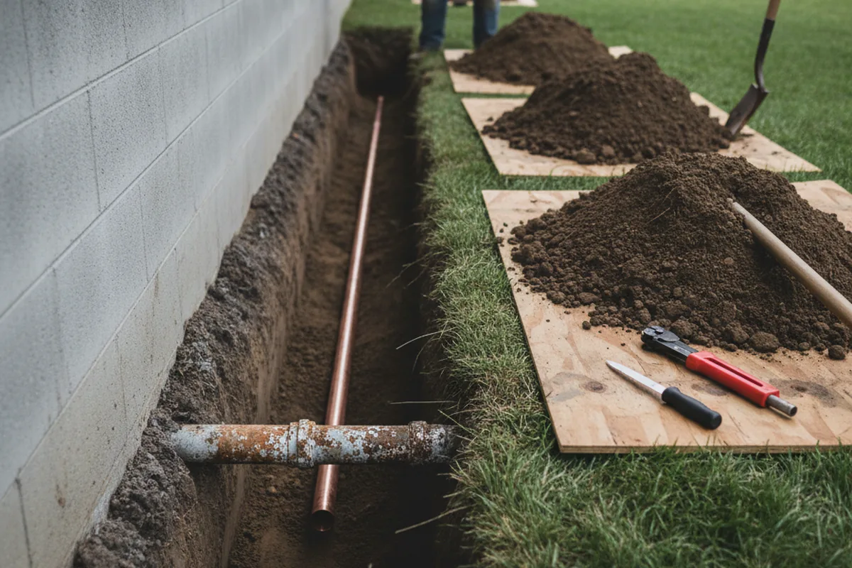 Excavated water line trench during Water Softener Installation in Quantico